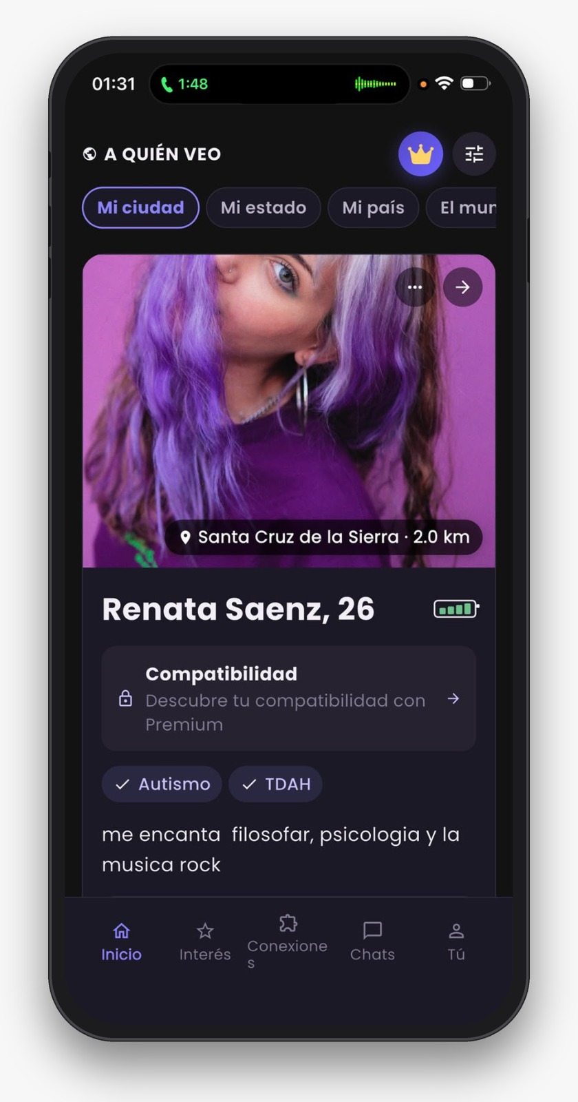 Pantalla de inicio de Oddly: perfil de Renata, 26 años, a 2 km en Santa Cruz de la Sierra, con las etiquetas Autismo y TDAH, su batería social y los filtros Mi ciudad, Mi estado, Mi país y El mundo