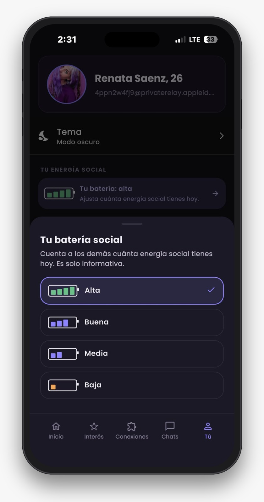 Selector de batería social en Oddly con cuatro niveles, Alta, Buena, Media y Baja, para contar cuánta energía social tienes hoy
